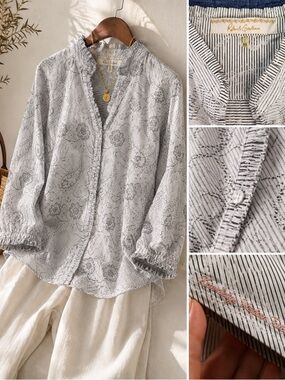 Robert Graham Embroidered Tunic Shirt Ruffle Trim Stripe Top L